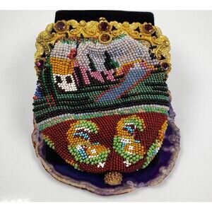 1920s Folk Art Beaded Pouch Flapper Beaded Push Lock Coin Bag